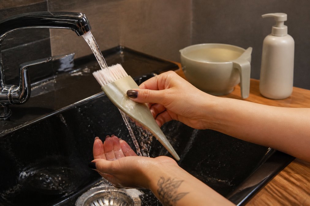 Close-up of a professional hair colorist rinsing a tint brush under running warm water at a salon sink, with a mixing bowl and ammonia-free shampoo bottle visible on the counter