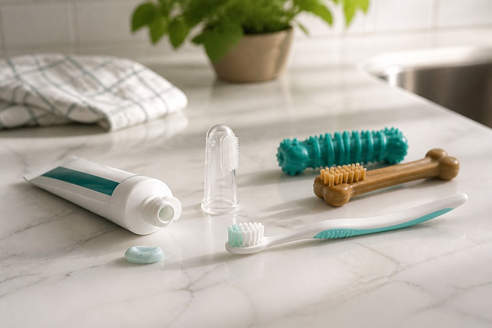A flat lay of puppy dental care supplies on a bright kitchen counter, including a soft-bristled toothbrush, a silicone finger brush, an open tube of canine toothpaste, and a few dental chew toys, photographed in natural daylight