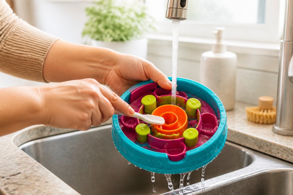 Hands using a small brush to clean puzzle feeders in a kitchen sink
