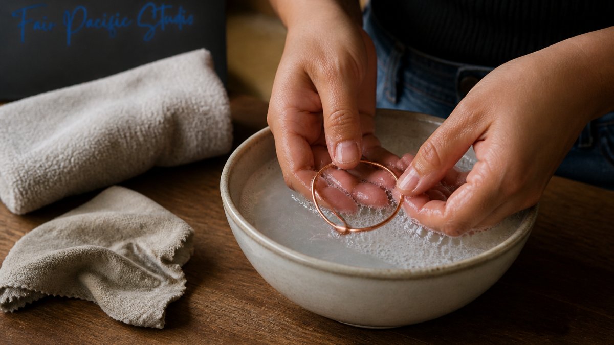 Close-up of hands gently washing a copper bracelet in a ceramic bowl filled with warm soapy water, soft cloth and towel nearby on a wooden table