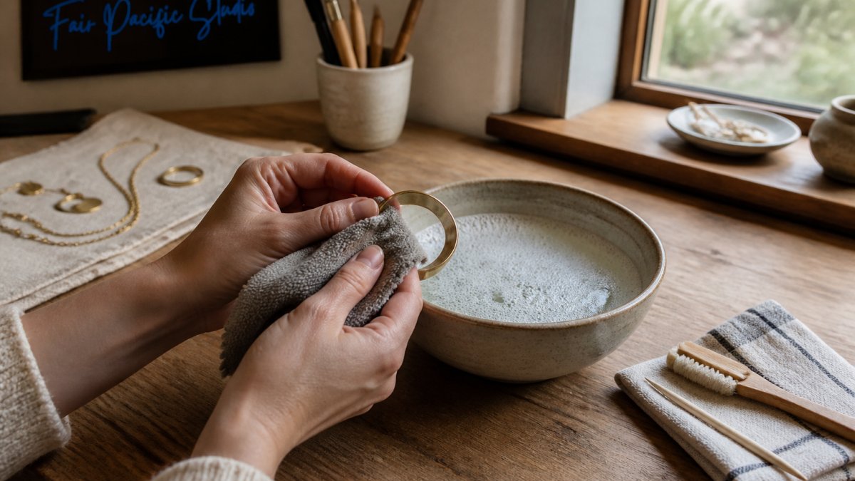 Hands gently polishing a recycled brass bracelet with a soft microfiber cloth over a ceramic bowl of warm soapy water, natural window lighting