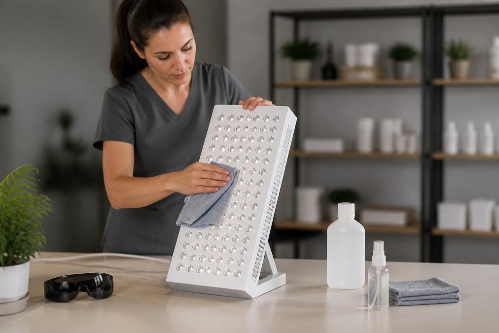 Professional demonstrating gentle cleaning technique on red light therapy panel surface with microfiber cloth and isopropyl alcohol in well-lit workspace