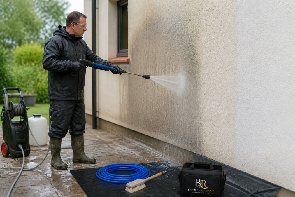 Professional technician using a low-pressure fan nozzle on rendered wall surface from safe distance, demonstrating proper technique with water misting gently across the substrate