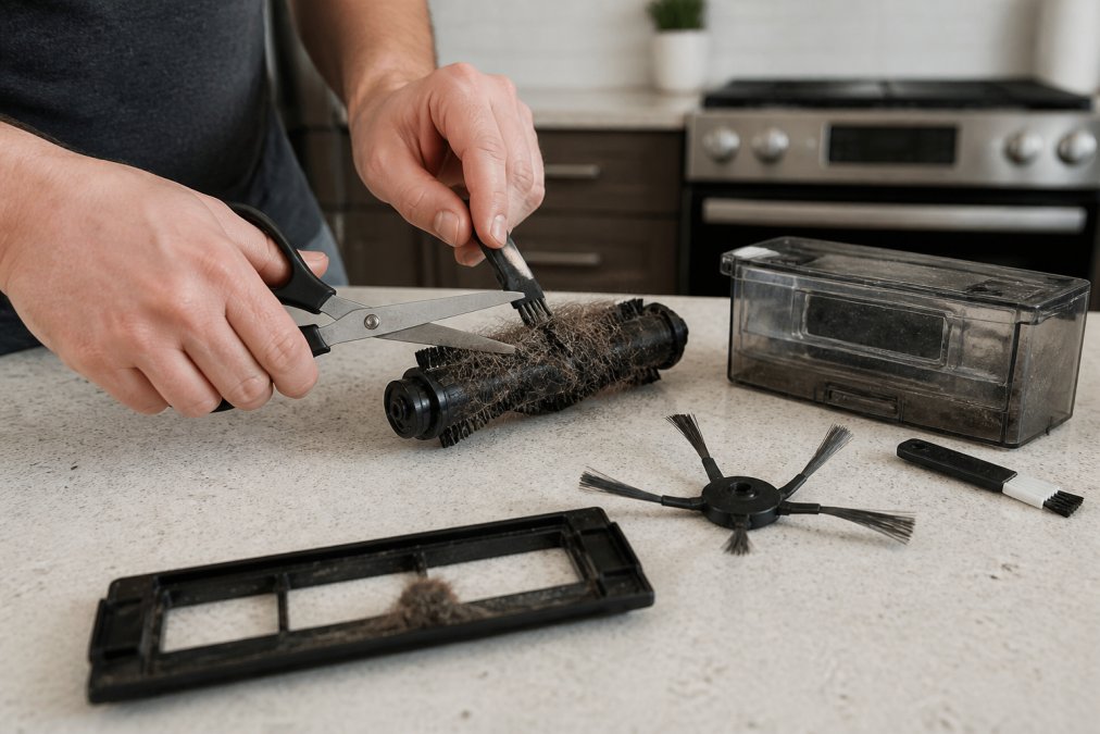 Hands using scissors and a tool to clean robot vacuum brushes of tangled hair and debris on a kitchen counter