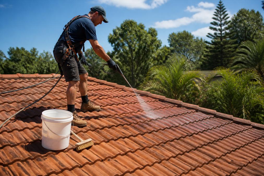 Person in safety gear using a garden sprayer to clean roof tiles on a sunny day