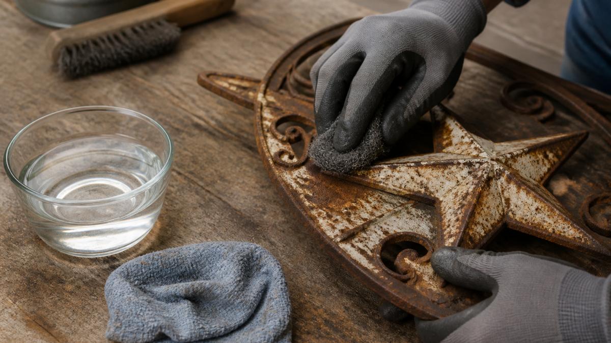 Hands in work gloves scrubbing a rusty metal decor sign with steel wool near a bowl of vinegar.