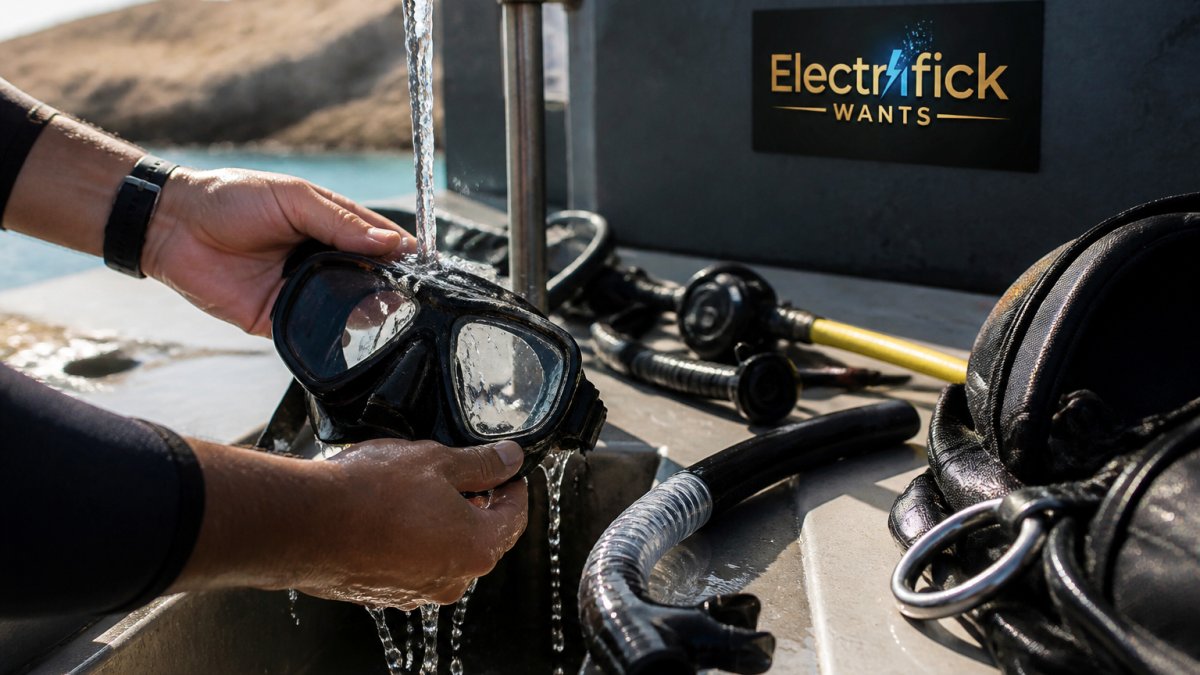 Close-up of hands rinsing a scuba diving mask under a stream of fresh water at an outdoor rinse station, with a snorkel and other gear visible nearby
