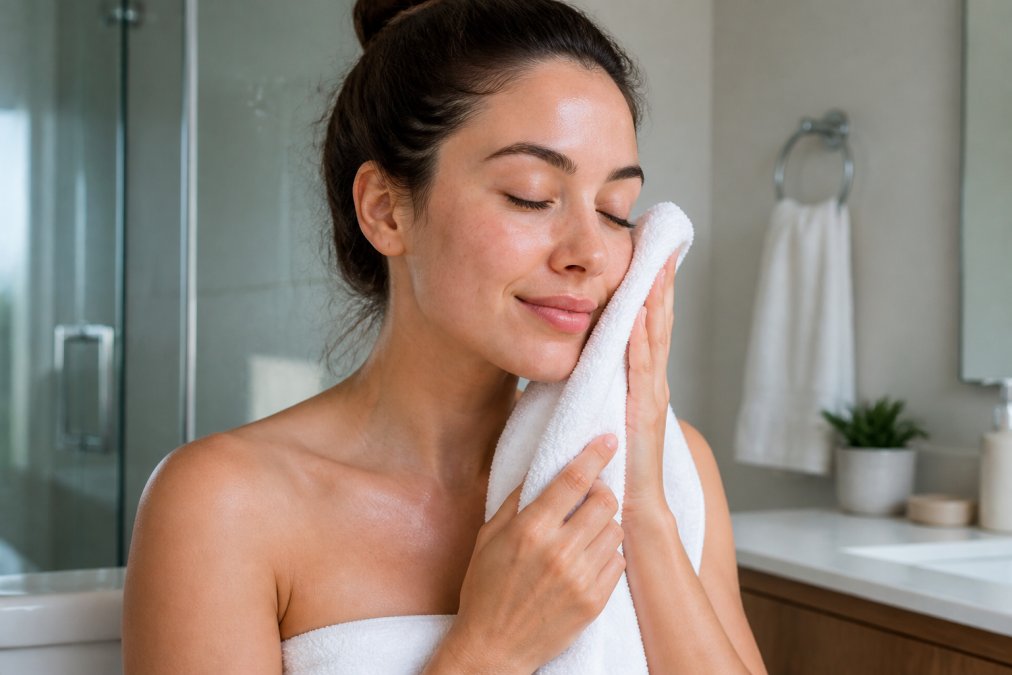 A woman with visibly calm, clear skin gently patting her face dry with a soft white towel in a bright, clean bathroom