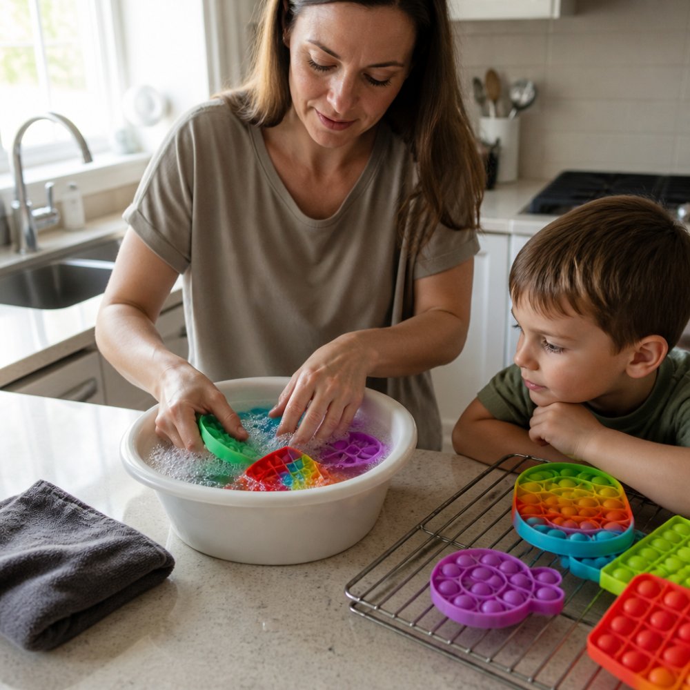 Hands gently washing colorful silicone sensory fidget toys in a bowl of soapy water on a kitchen counter