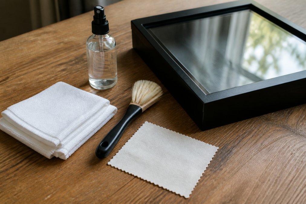 Flat lay of cleaning supplies arranged on a warm wooden surface: folded white microfibre cloths, a small glass spray bottle of distilled water, a soft-bristled brush with pale bristles, and a lint-free cloth beside a closed black shadowbox frame, photographed under soft natural window light