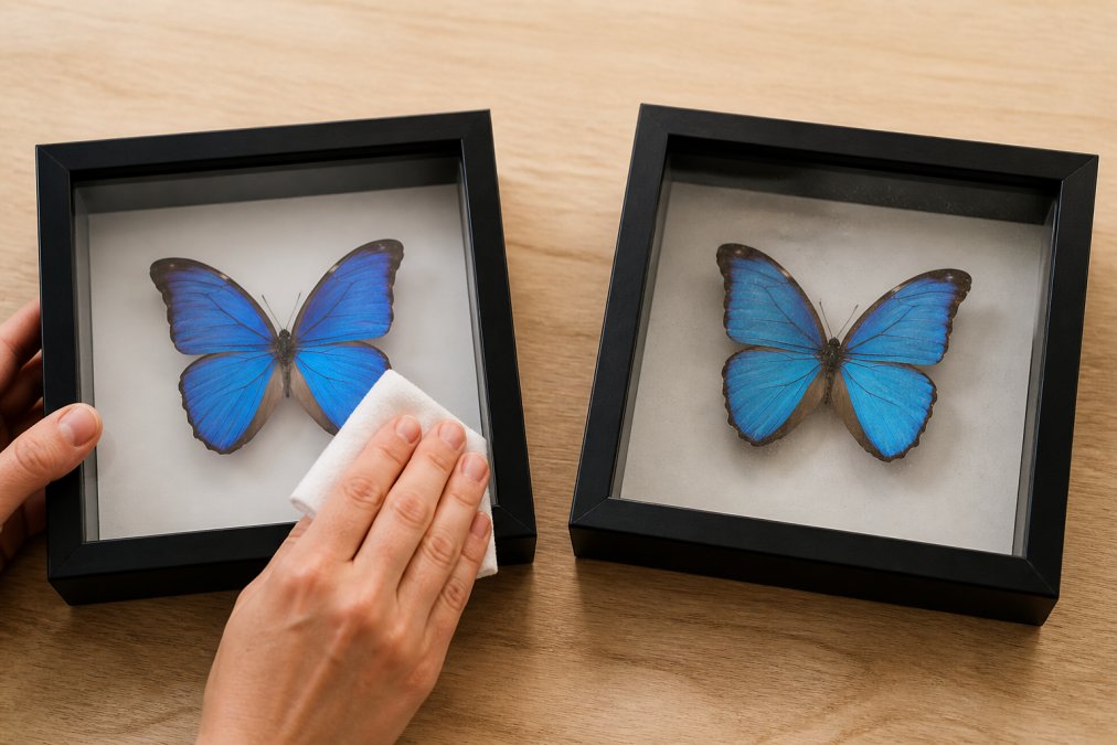 Close-up of a person's hands gently wiping an acrylic shadowbox cover with a folded white microfibre cloth, a vivid blue butterfly specimen visible inside the frame, the frame resting on a light timber surface under warm indoor lighting