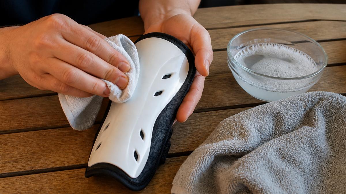 Close-up of hands using a damp cloth to gently wipe the outer shell of a soccer shin guard on a wooden table, with a small bowl of soapy water and a dry towel nearby