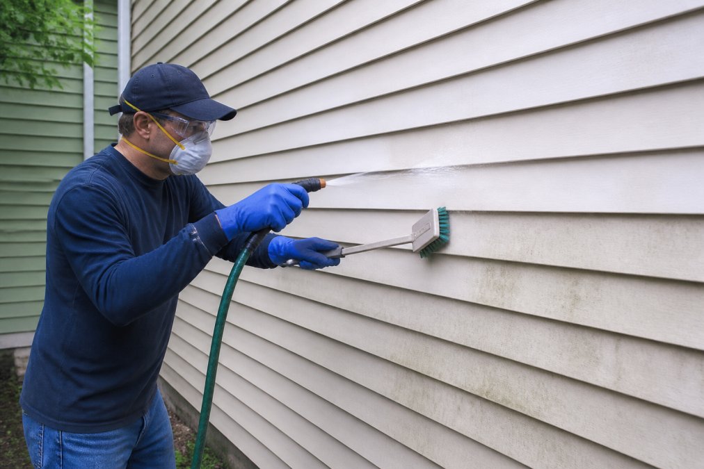 Homeowner wearing protective gear using a soft-bristle brush and garden hose on vinyl siding, demonstrating proper scrubbing technique with controlled water pressure