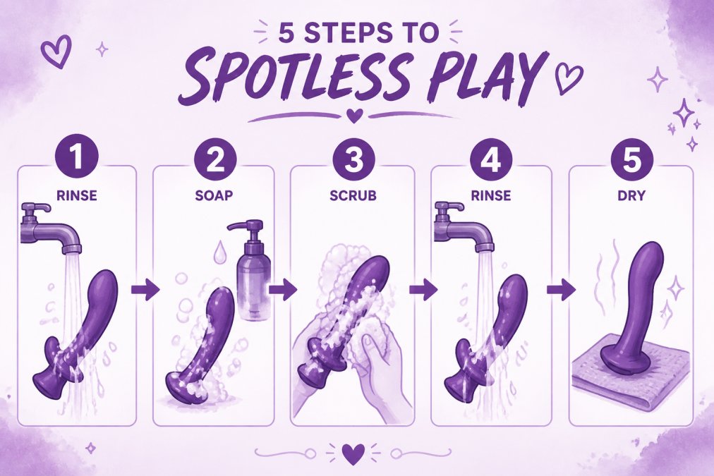 Watercolor-style flowchart showing the 5-step cleaning process: 1. Rinse with warm water, 2. Apply mild soap or toy cleaner, 3. Scrub gently, 4. Rinse thoroughly, 5. Air dry on lint-free cloth