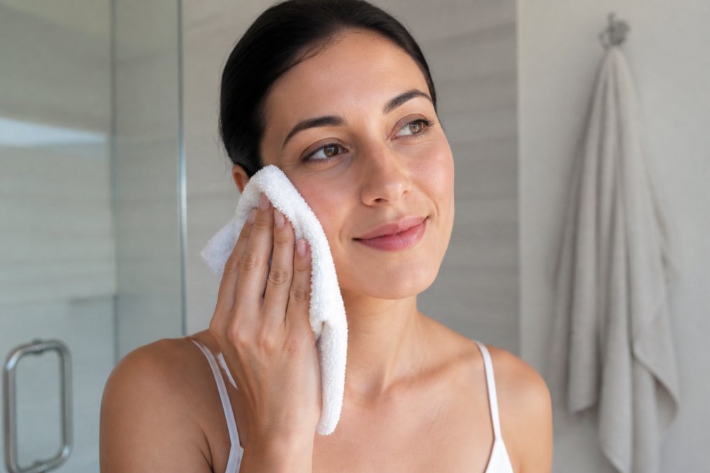Person gently pressing a soft damp towel to their cheek for clean skin without irritation