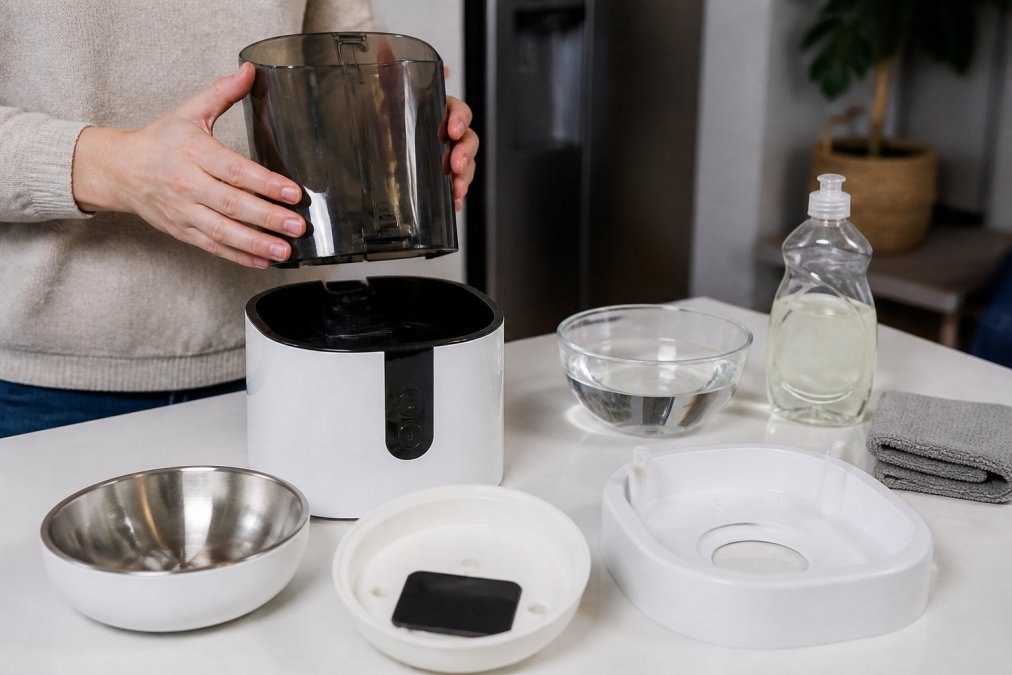 Hands disassembling an automatic pet feeder with food tank, removable bowl, and tray components laid out on a clean white countertop next to a bottle of mild dish soap and warm water