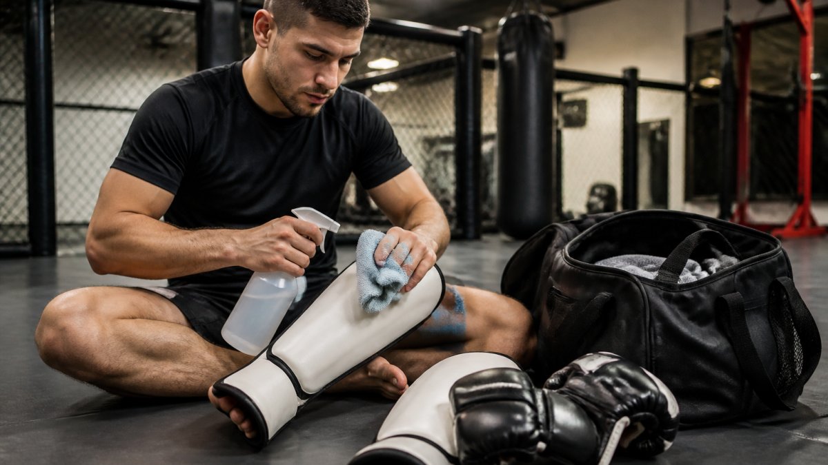 A martial artist sitting on a gym floor wiping down vinyl shin guards with a microfiber cloth and spray bottle, gym bag and gloves nearby, overhead gym lighting