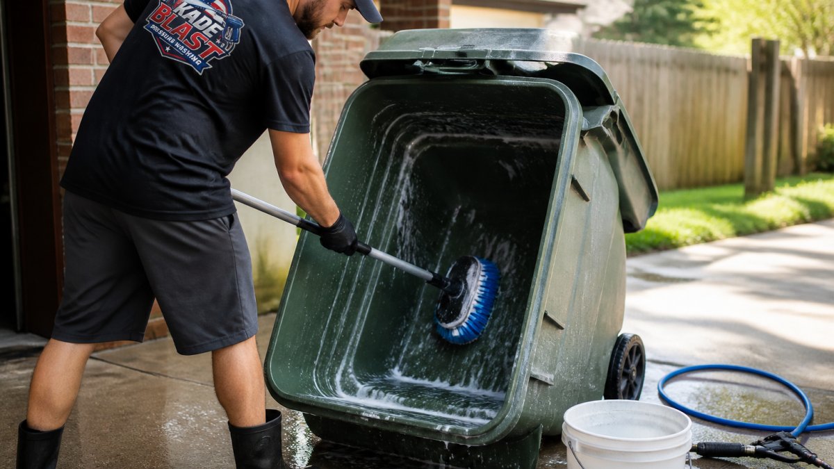 A homeowner in work gloves scrubbing the inside of a wheeled outdoor trash bin with a long-handled brush and soapy water on a driveway, bucket and hose nearby, bright morning light