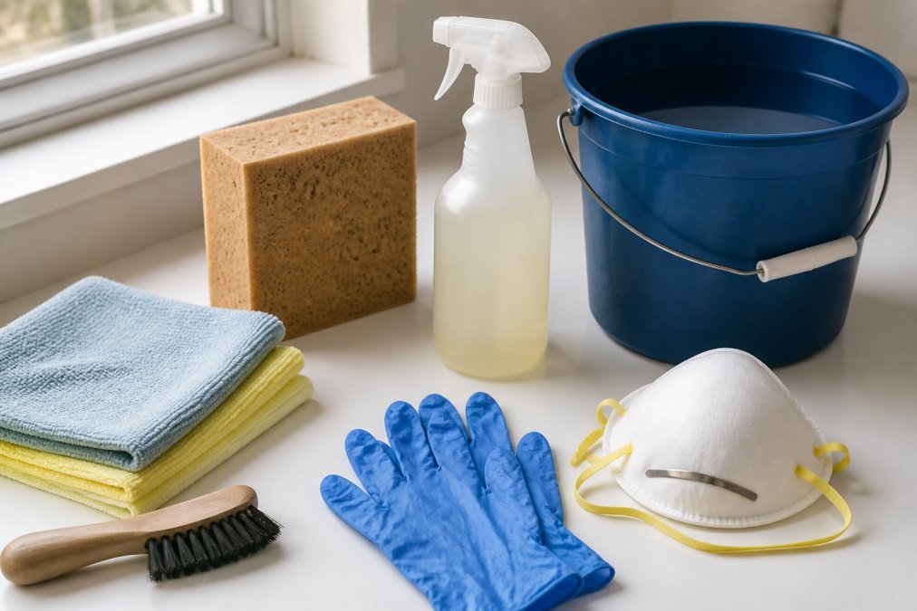 Close-up of cleaning supplies arranged on a white work surface: a tan chemical sponge, spray bottle of TSP solution, N100 respirator mask, blue nitrile gloves, soft wire brush, microfiber cleaning cloths, and a bucket of water with natural window lighting
