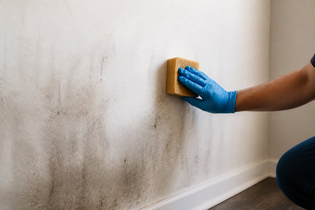 Hands wearing blue nitrile gloves gently rubbing a tan chemical sponge across a smoke-stained white wall in natural daylight, demonstrating proper technique with light pressure
