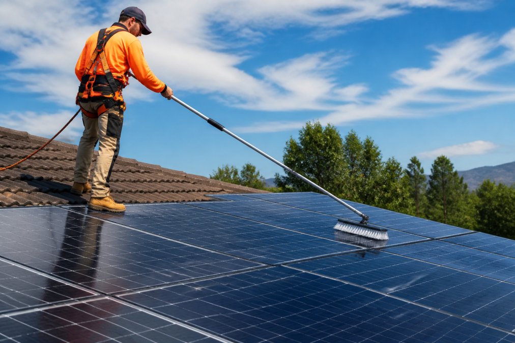 A homeowner on a tiled roof using a soft-bristle brush with an extension pole to gently clean photovoltaic modules on a sunny day, wearing a safety harness and non-slip shoes