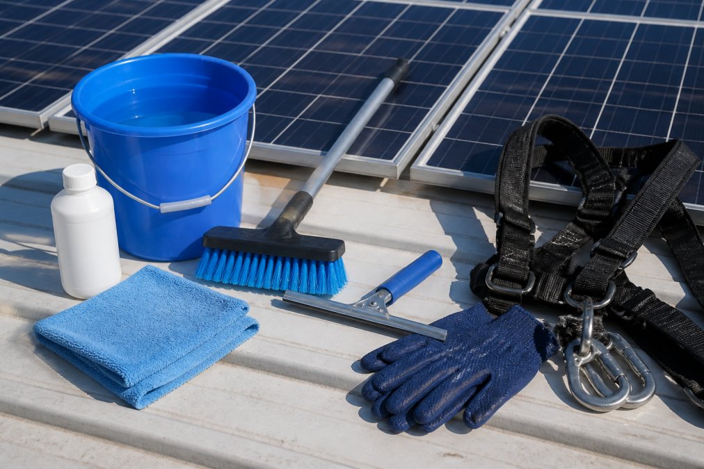 Close-up of essential cleaning supplies laid out on a surface including microfiber cloth, soft-bristled brush, squeegee, bucket of deionized water, mild detergent, and safety gloves with harness visible nearby
