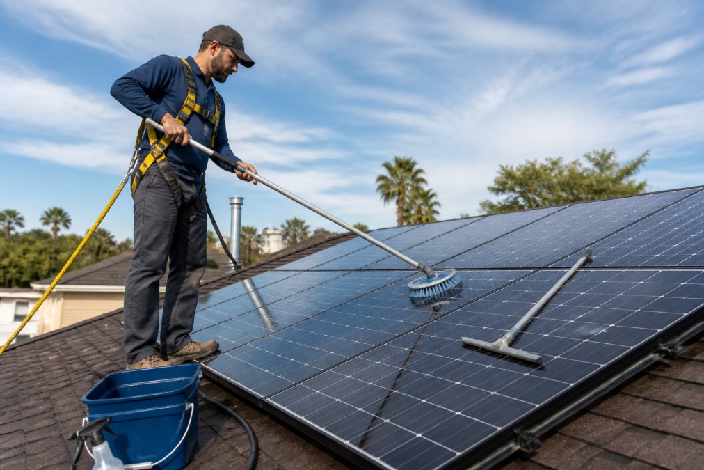 Professional technician in safety harness using soft-bristled brush and squeegee to clean solar panels on residential roof, demonstrating proper technique with deionized water bucket and safety equipment visible