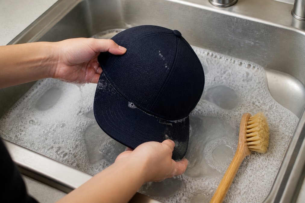 Hands gently washing a baseball cap in a sink with soapy water, soft-bristled brush nearby, showing proper hand washing technique with natural lighting