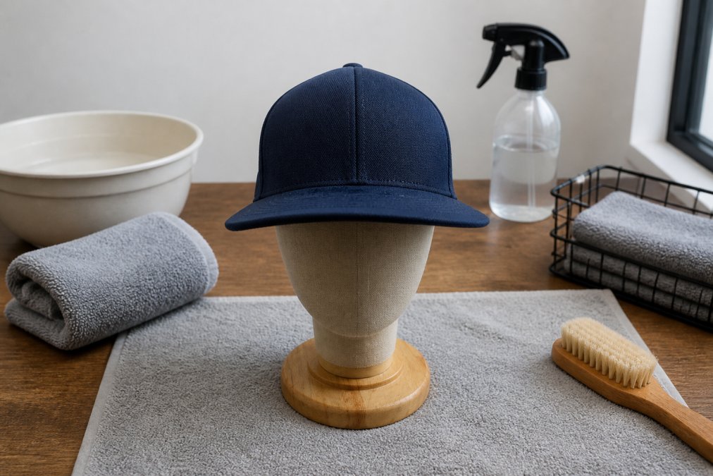 A clean, wet baseball cap positioned on a hat form, showing the cap being reshaped to maintain its structure and brim curve with proper positioning