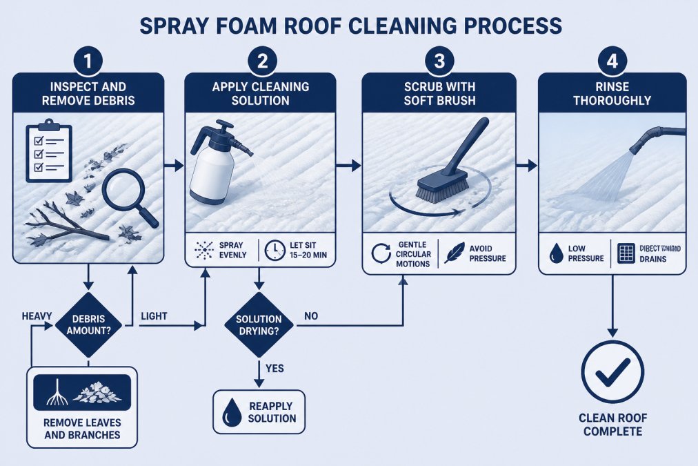 Four-step infographic detailing how to clean spray foam roof surfaces through inspection, application, scrubbing, and