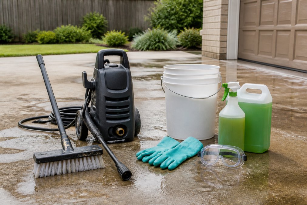 A collection of concrete cleaning tools and safety gear laid out on a driveway: stiff-bristled brush, pressure washer, bucket, rubber gloves, safety goggles, and eco-friendly cleaner bottles
