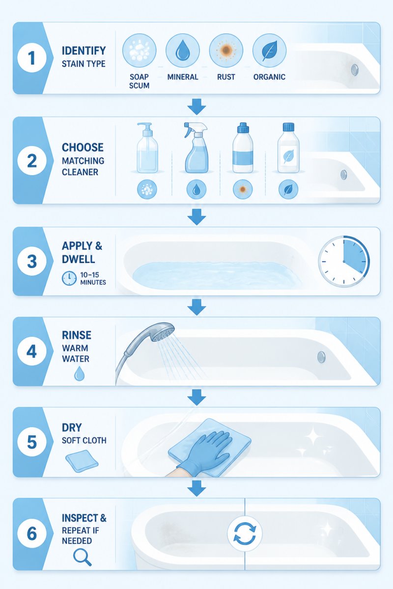 Flowchart showing the safe cleaning sequence: identify stain type (soap scum, mineral, rust, organic) -> choose matching non-abrasive cleaner -> apply and dwell 10-15 minutes -> rinse with warm water -> dry with soft cloth -> inspect and repeat if needed