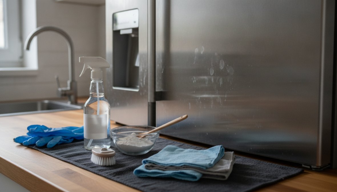 Close-up of hands using a microfiber cloth to clean a stainless steel refrigerator door with cleaning supplies visible on kitchen counter nearby