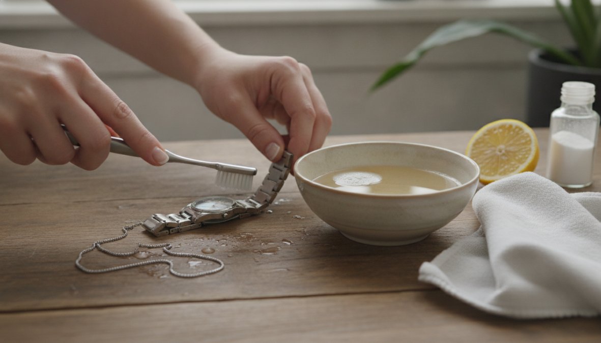 Close-up of hands gently cleaning a stainless steel bracelet with a soft-bristle toothbrush in warm soapy water, with a microfiber cloth and cotton ball nearby on a clean white surface