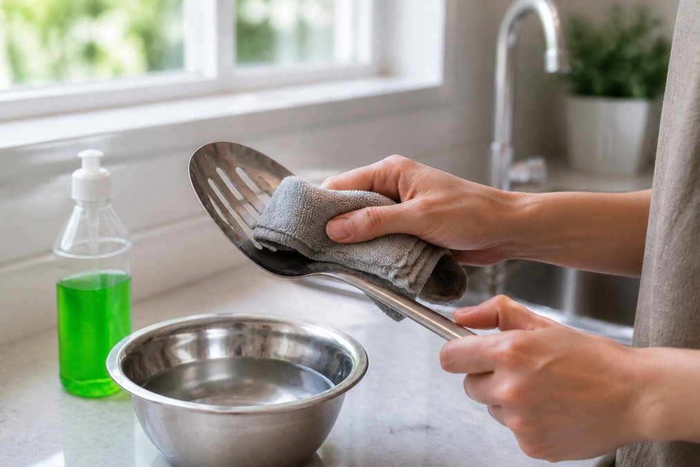 Close-up of hands using a soft microfiber cloth to wipe a stainless steel kitchen utensil, with a bottle of mild dish soap and a bowl of warm water on a clean kitchen counter, natural daylight from a window
