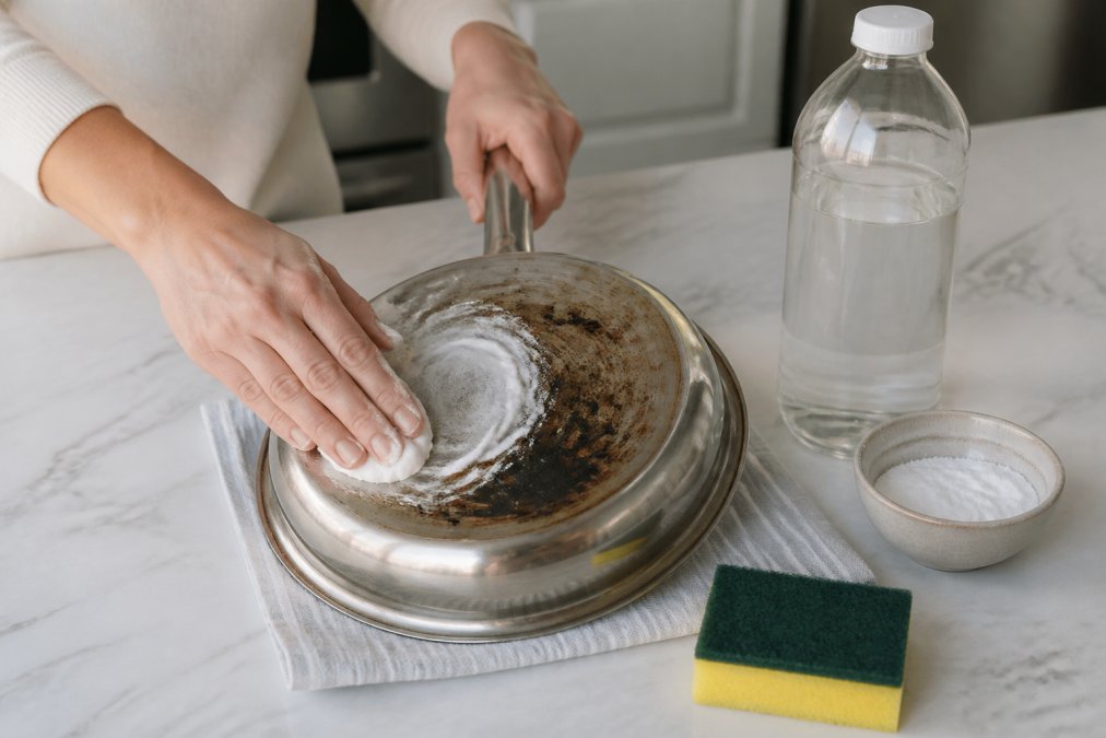 Close-up of hands applying a baking soda paste to the base of a stainless steel pan, with a non-scratch sponge and white vinegar bottle visible nearby on a kitchen bench