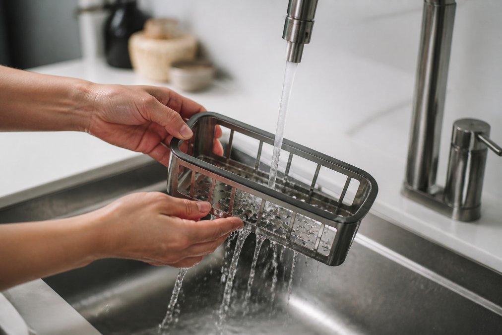 A person's hands holding a stainless steel sink caddy under a running kitchen faucet, water splashing over the metal surface with a modern sink and countertop in the background