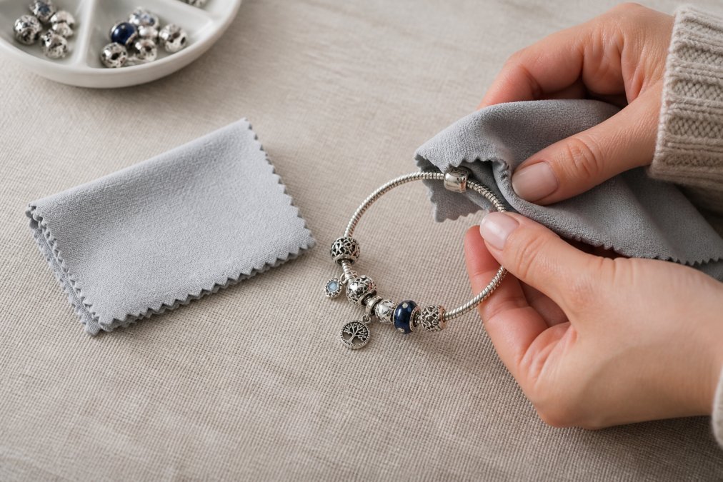 Flat lay of a microfiber polishing cloth next to a gleaming sterling silver charm bracelet on a soft neutral linen background, one hand mid-action gently buffing the silver surface under warm studio lighting