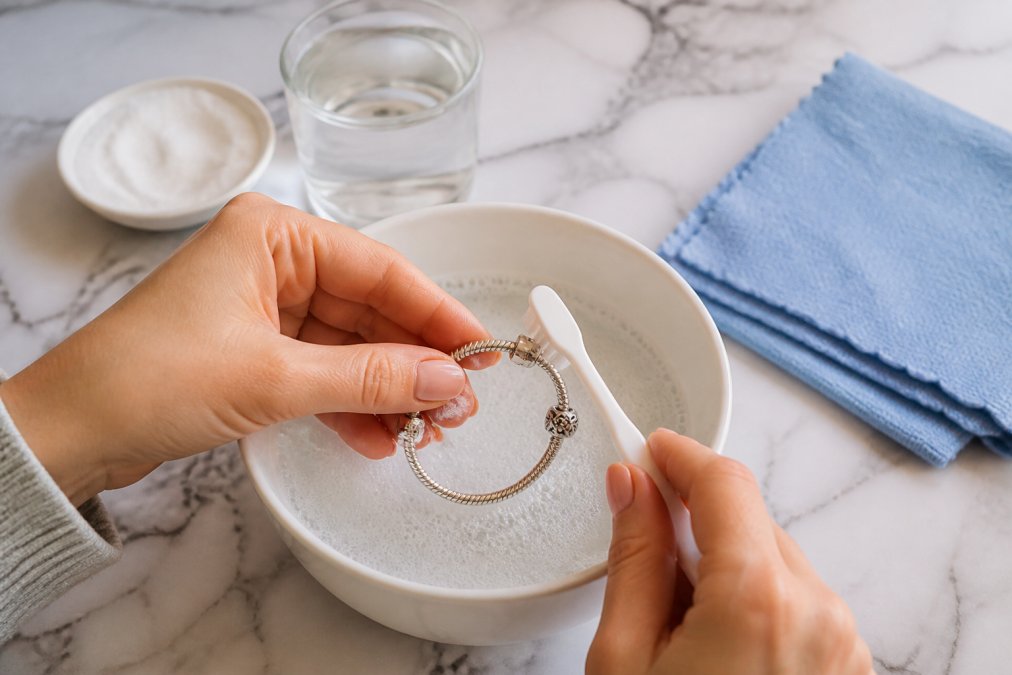 Hands gently scrubbing a sterling silver bracelet with a soft-bristled toothbrush over a white ceramic bowl filled with warm soapy water, on a clean marble countertop with a folded microfiber cloth nearby