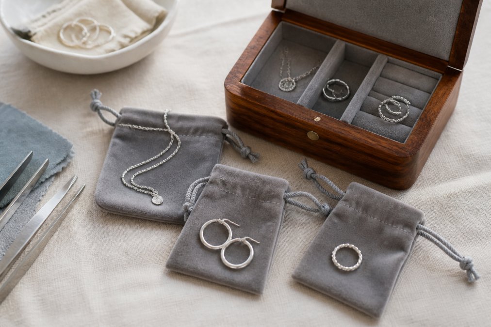 A neatly arranged flat lay of sterling silver rings, necklaces, and earrings placed inside individual soft velvet pouches and a small wooden jewelry box lined with anti-tarnish fabric, on a light linen surface