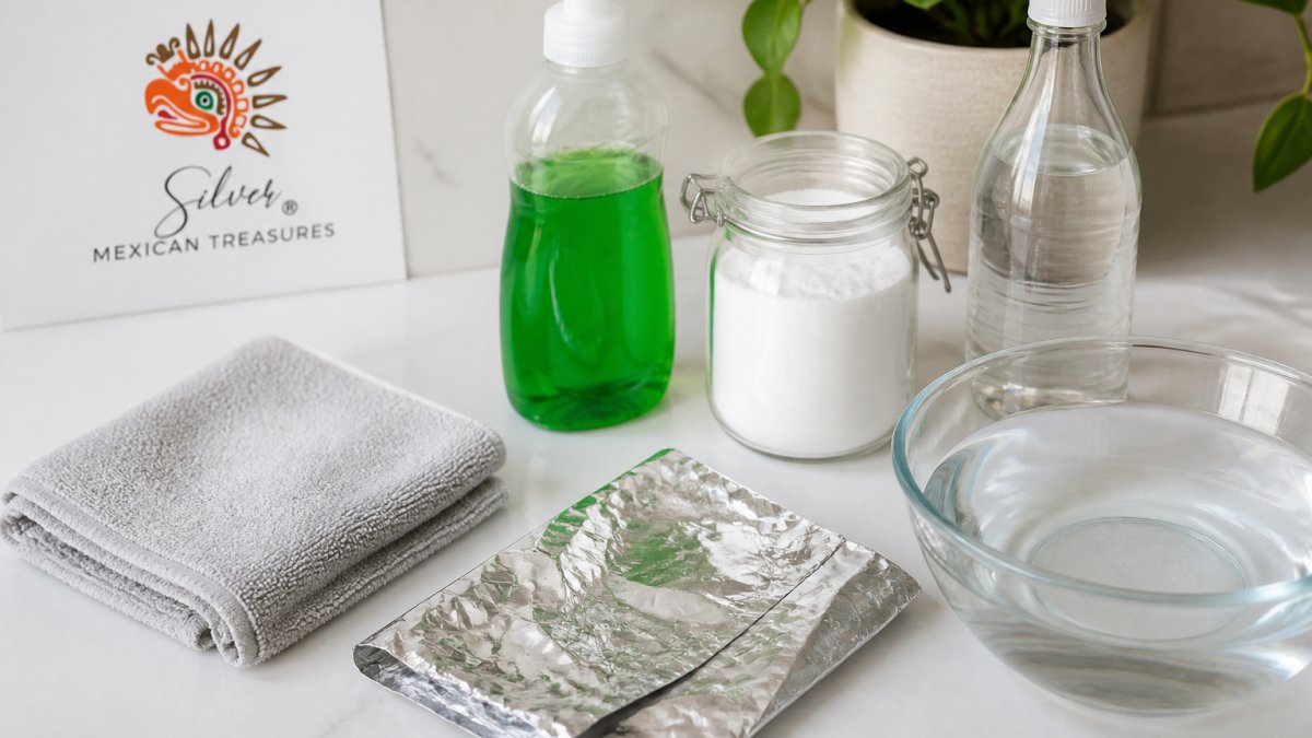 Flat lay of cleaning supplies arranged on white surface including soft microfiber cloth, mild dish soap, baking soda, aluminum foil, white vinegar, and shallow bowl with warm water