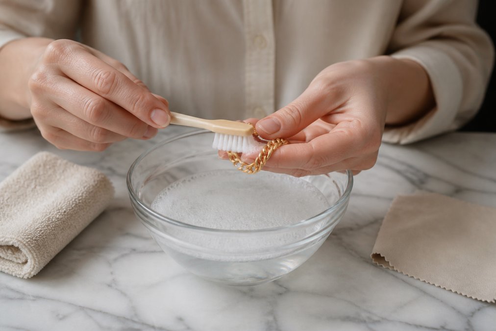Close-up of hands gently brushing an 18k gold bracelet with a soft-bristled toothbrush over a bowl of warm soapy water on a marble surface, with a microfiber cloth and polishing cloth nearby