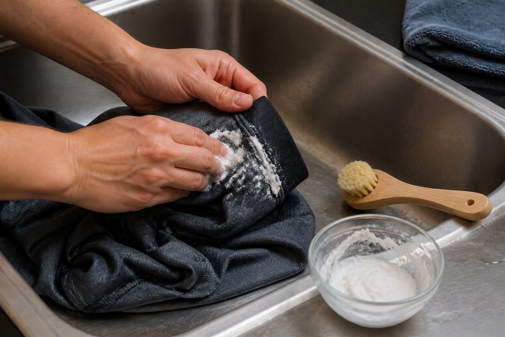 Close-up of hands applying a thick white paste of baking soda and water to the dark-colored collar of an athletic shirt in a stainless steel sink, with a soft-bristled brush resting nearby