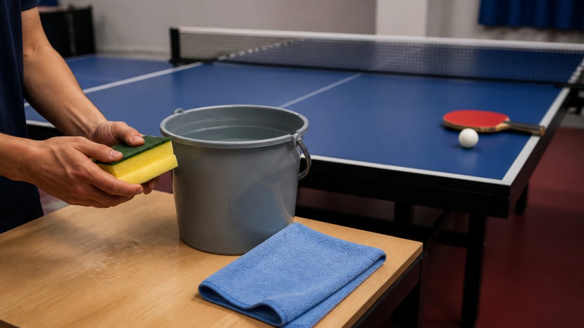 Hands holding a damp sponge, bucket of warm water, and soft cloth arranged on a table next to a ping pong table with natural lighting