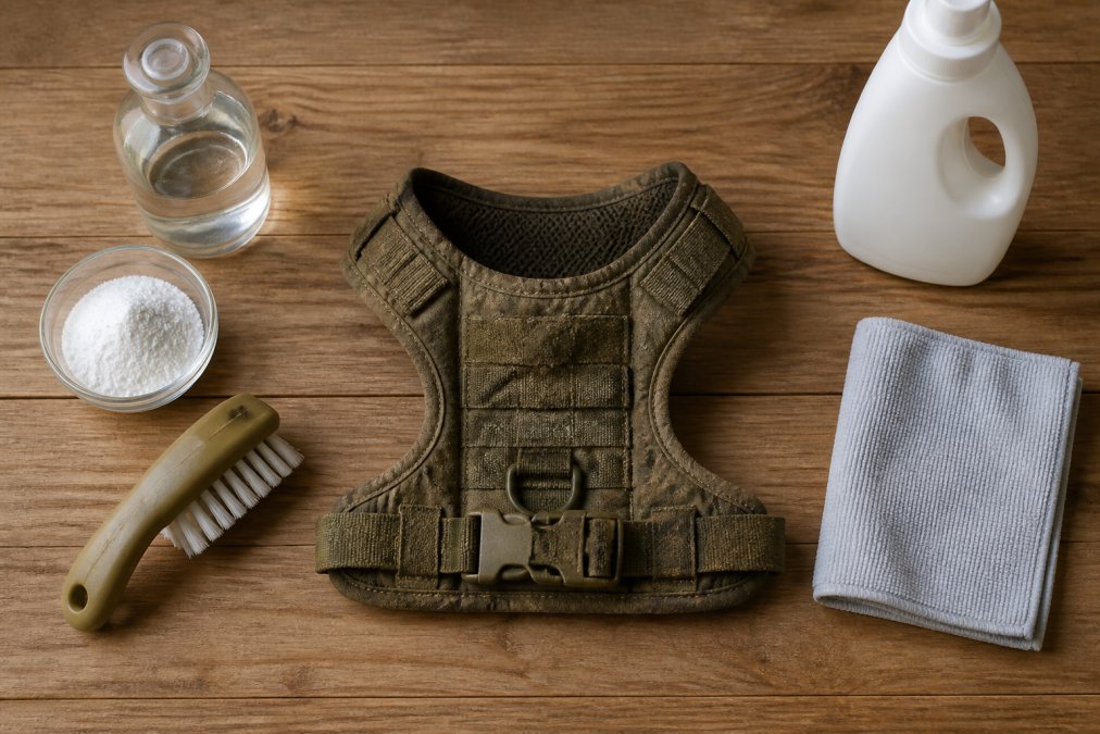 Flat lay of cleaning supplies arranged on a work surface including soft-bristle brush, white vinegar in glass bottle, baking soda in small bowl, mild detergent, microfiber cloth, and a tactical dog harness in the centre on a wooden table
