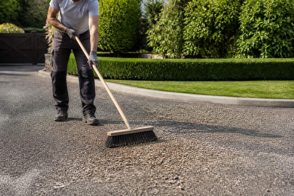 Homeowner using a stiff broom to sweep loose gravel and debris from a tar and chip driveway surface on a bright, sunny Norfolk morning, with visible loose stones being cleared
