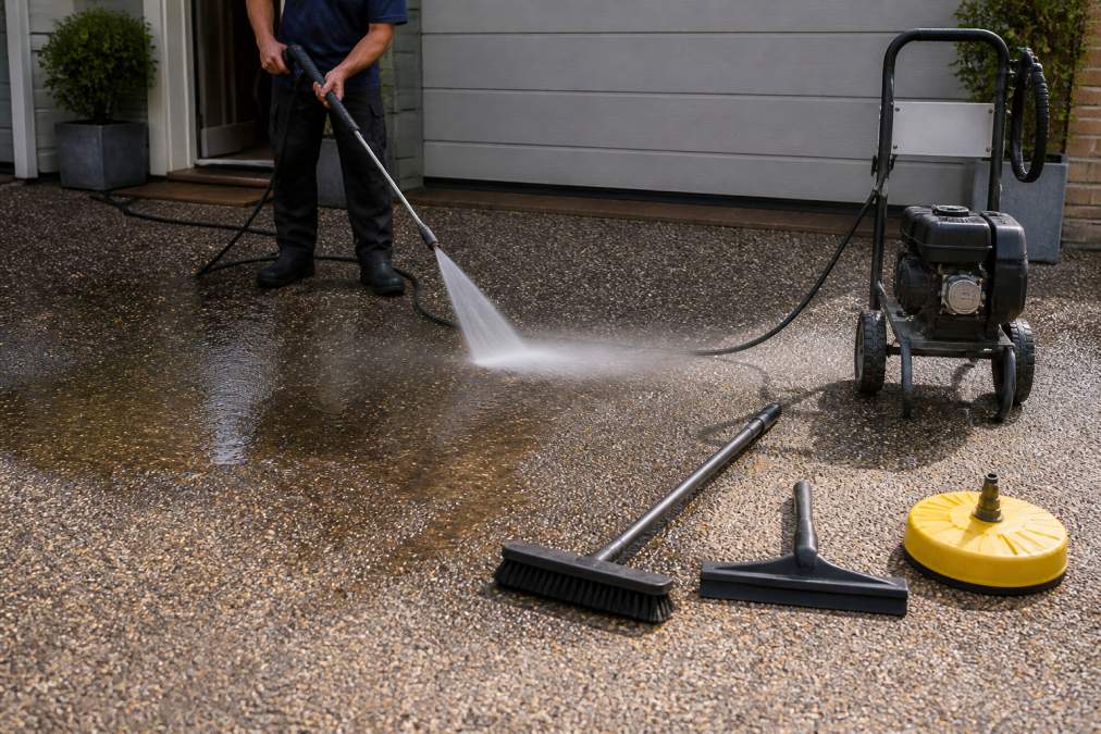 Homeowner demonstrating proper pressure washer technique on a tar and chip driveway, holding the nozzle at a safe distance with visible water spray pattern dispersing evenly across the surface