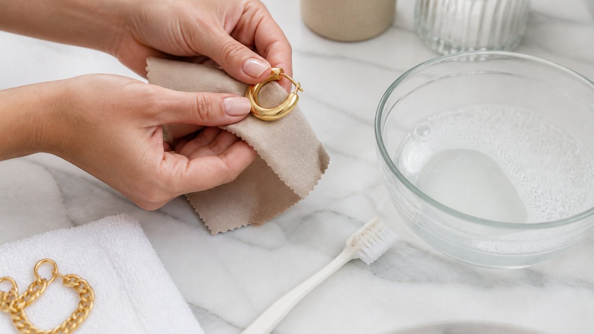 Hands gently wiping a gold hoop earring with a soft cloth near a bowl of soapy water on a bathroom counter