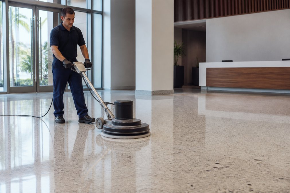 Professional demonstrating mechanical buffing technique on terrazzo floor with professional-grade equipment in bright commercial setting, showing polished surface reflection