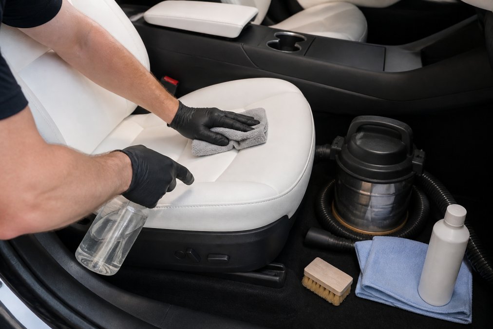 Person using a microfibre cloth to clean white synthetic leather car seats with spray and a small vacuum nearby